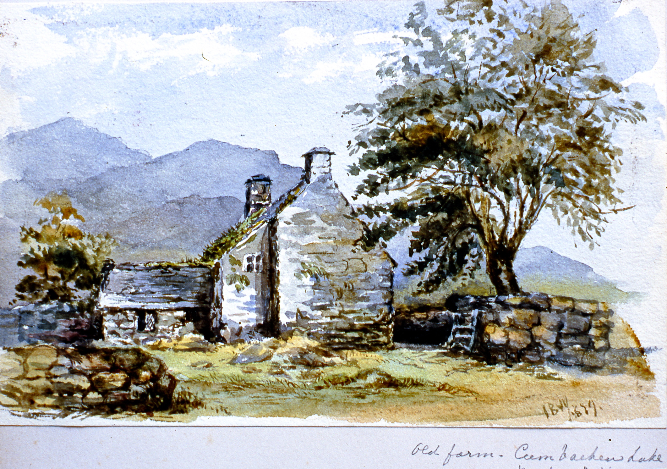 Old farm, Cumbacken Lake - Merionethshire , 1879, Julia Bullock Webster, watercolour on paper, 5 3/4" x 9", 2003.02.52, gift of The Grist Mill at Keremeos