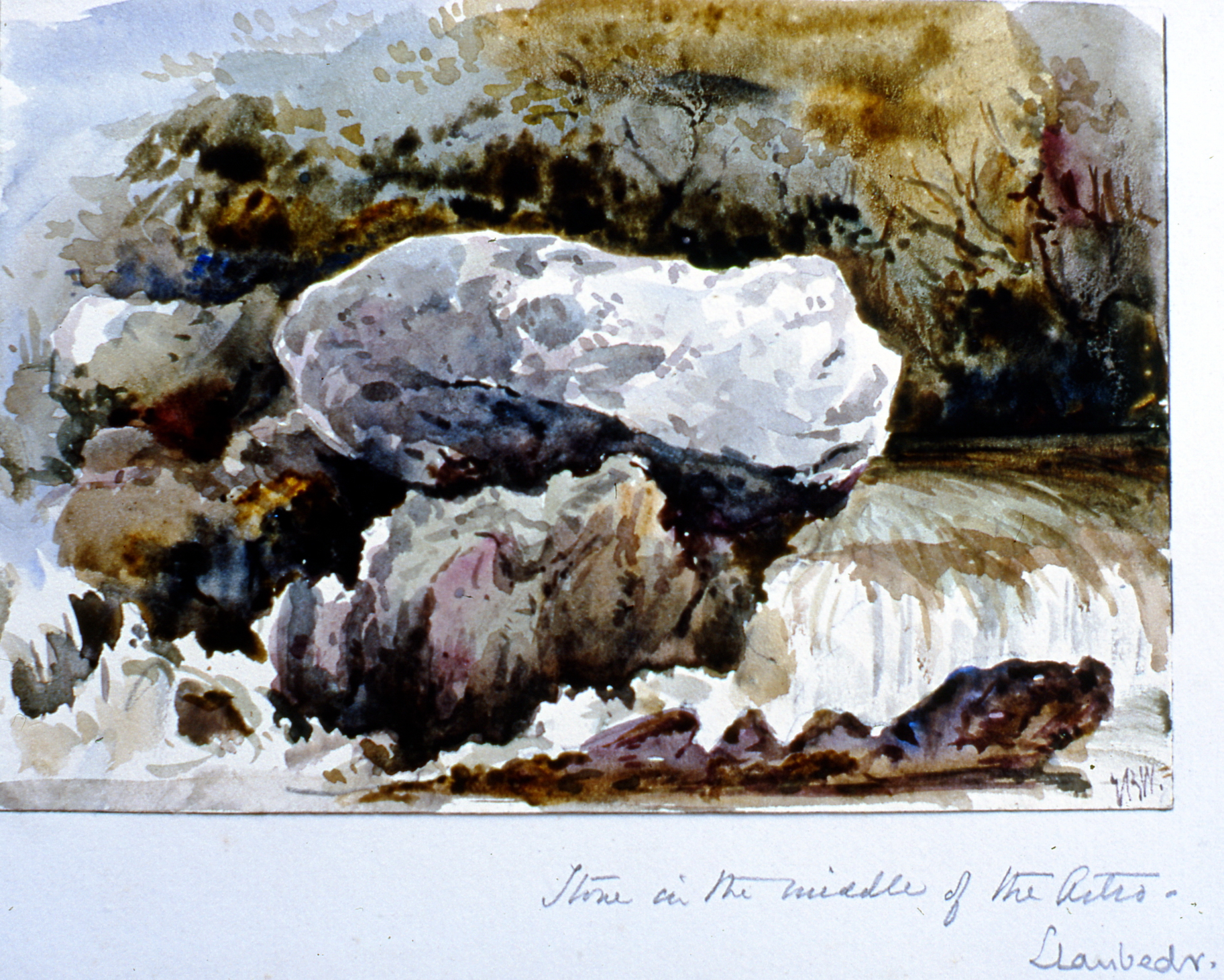 Stone in the Middle of the Artro. Daubeds (?) , n.d., Julia Bullock Webster, watercolour on paper, 4 1/2" x 6 1/2", 2003.02.54, gift of The Grist Mill at Keremeos