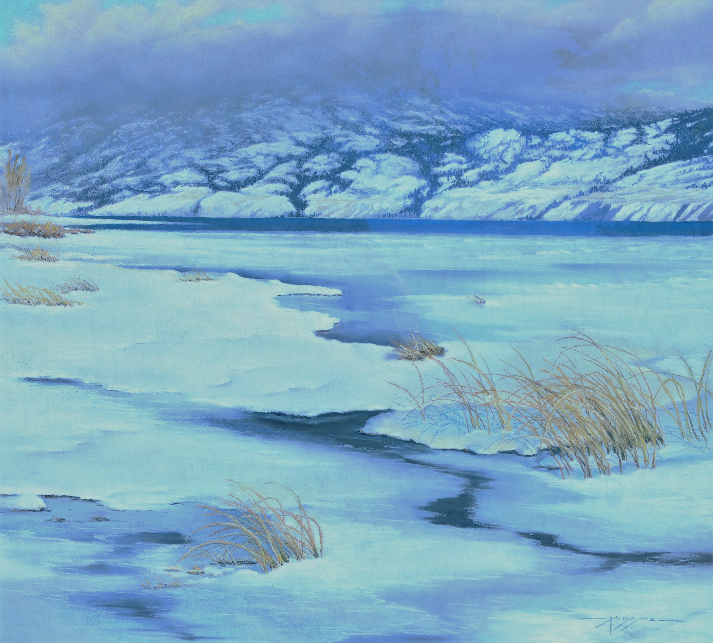 Winter Shoreline , c. 1964, Irvine Adams, pastel on rag board, 74 x 66 cm, 1966. 01.02. Purchased by the Penticton Art Club Show Committee through the assistance of the McCallum Fund.