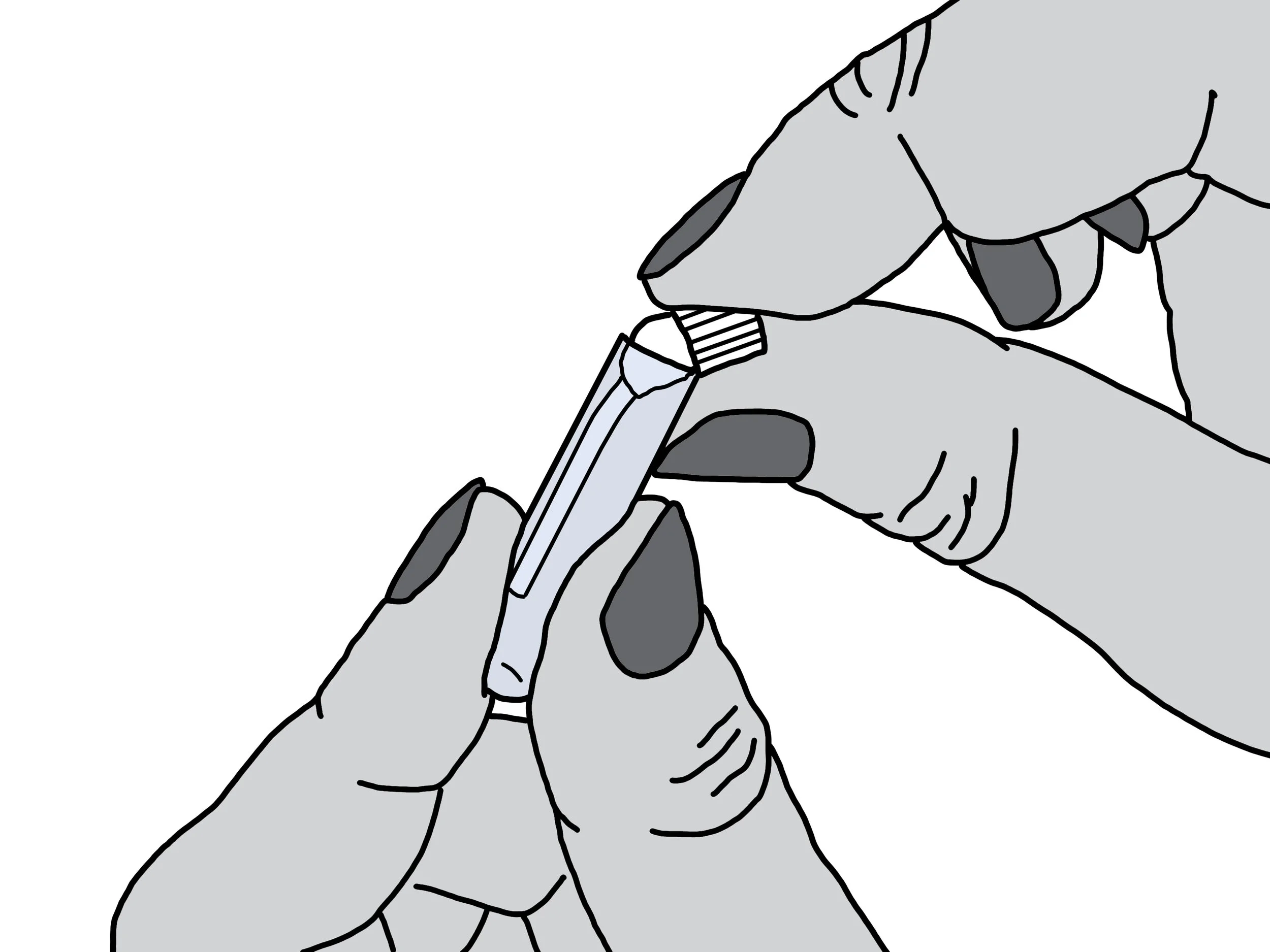 Place the glass vial between your left thumb and index finger and the plastic cap between your right thumb and index finger. Holding tightly, motion like you are snapping a match stick in two. The plastic cap will pop right off. Make sure that the vial is held upright so the fragrance doesn't spill.