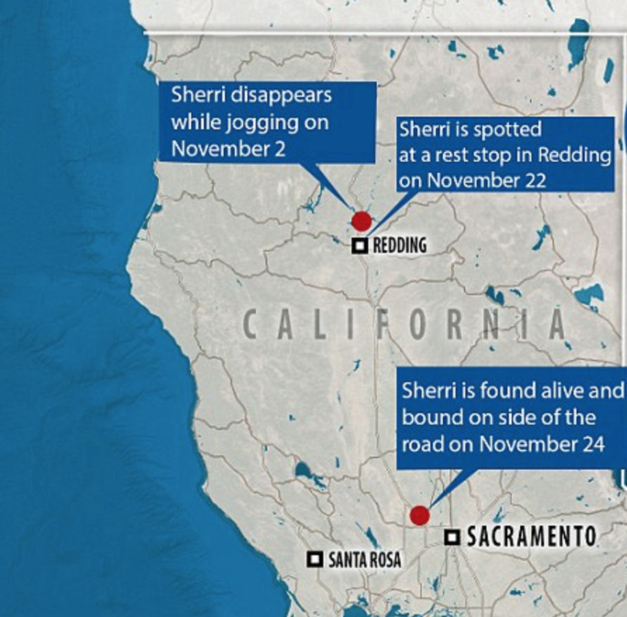 Police are looking for the two Hispanic women who released Sherri on Thanksgiving, saying they could be driving a dark-colored SUV (map of Sherri's disappearance and discovery)