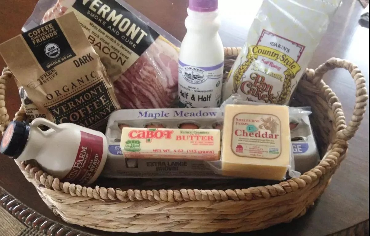 Complimentary breakfast basked featuring: Dakin Farm pancake mix, Maple Meadows eggs, neighbor David Allen’s maple syrup, Monument Farms half-half, Cabot butter, Fat Cow Farm bacon, Vermont Coffee Roasters dark roast