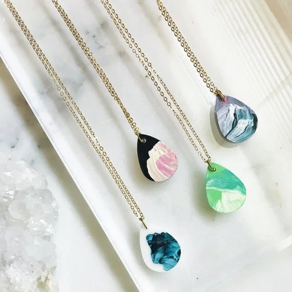 Teardrop Painted Acrylic + Brass Chain Necklace