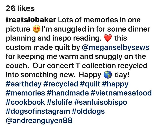 Love seeing my work being used. @treatslobaker posted this picture of a quilt I did for her. It’s my favorite t-shirt quilt and she’s right it’s a great post for earth day!
#customsewing #meganselbysews #quiltsofinstagram #earthday #treatslo