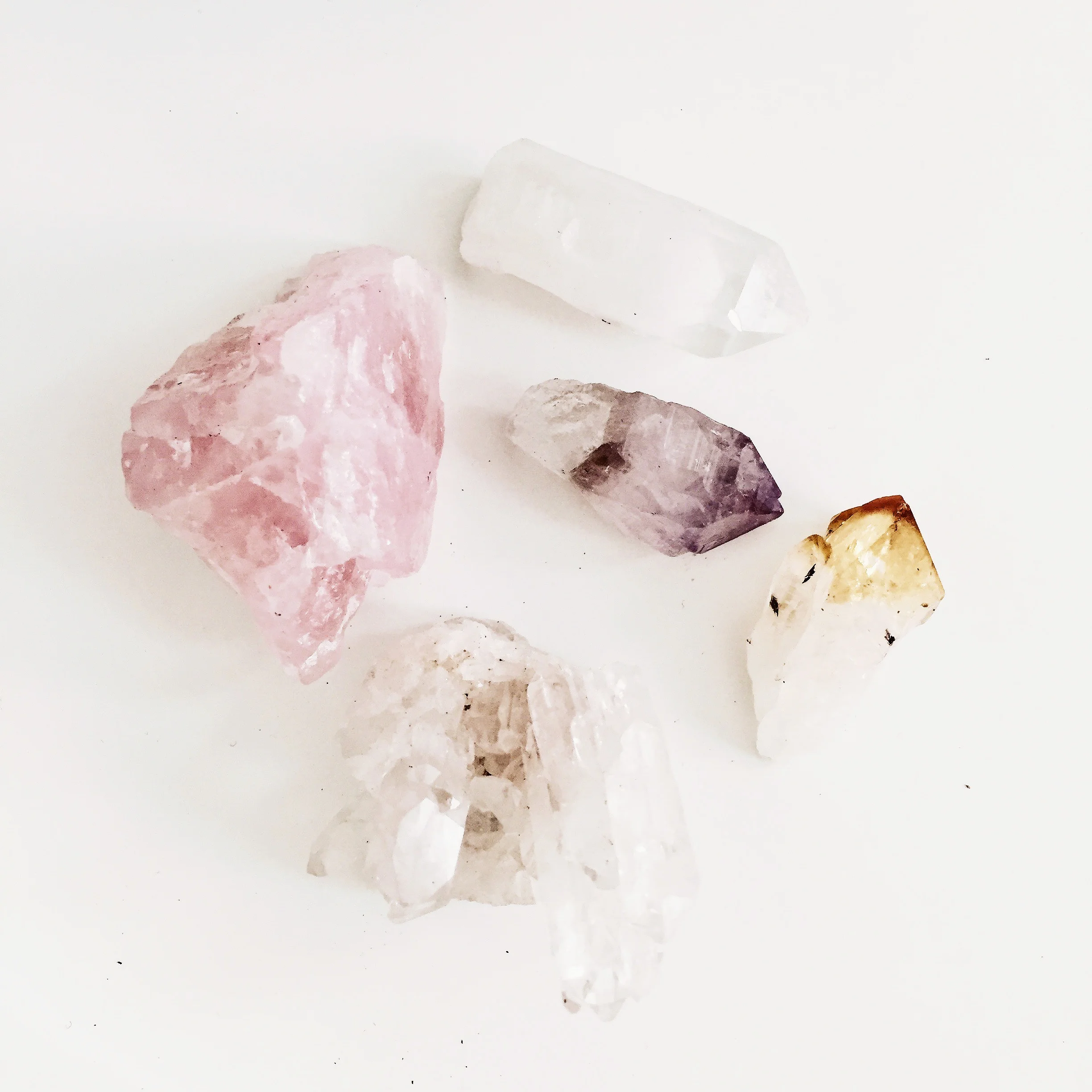 Rose Quartz, Clear Quartz, Amethyst, Citrine. Crystal Love. 