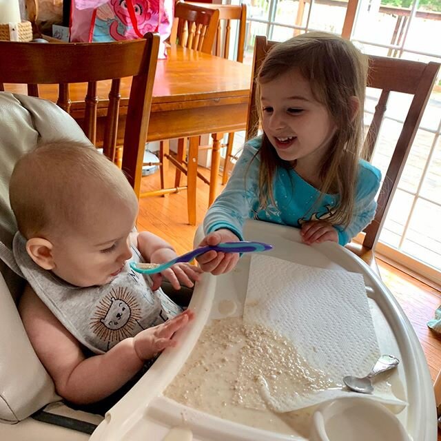 Yesterday, #NoahFlynn had food for the first time! To say that he loved his baby-style oatmeal is an understatement. Big Sis, #neverosamarie, is all about feeding her little brother! #feedme #babybrezini #6monthsold #brezinifamily