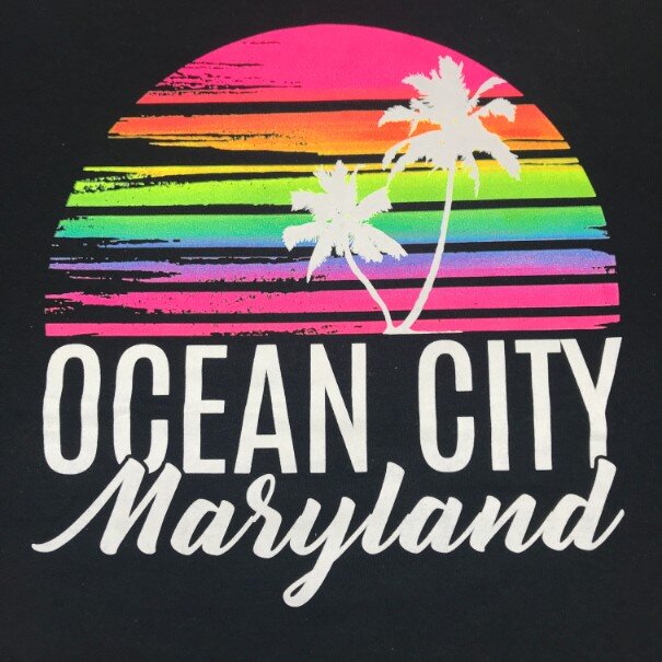 80s 90s Ocean City Maryland Colorful Rainbow Neon Sunset Beach Palm Trees Faded tourist Pullover Sweatshirt