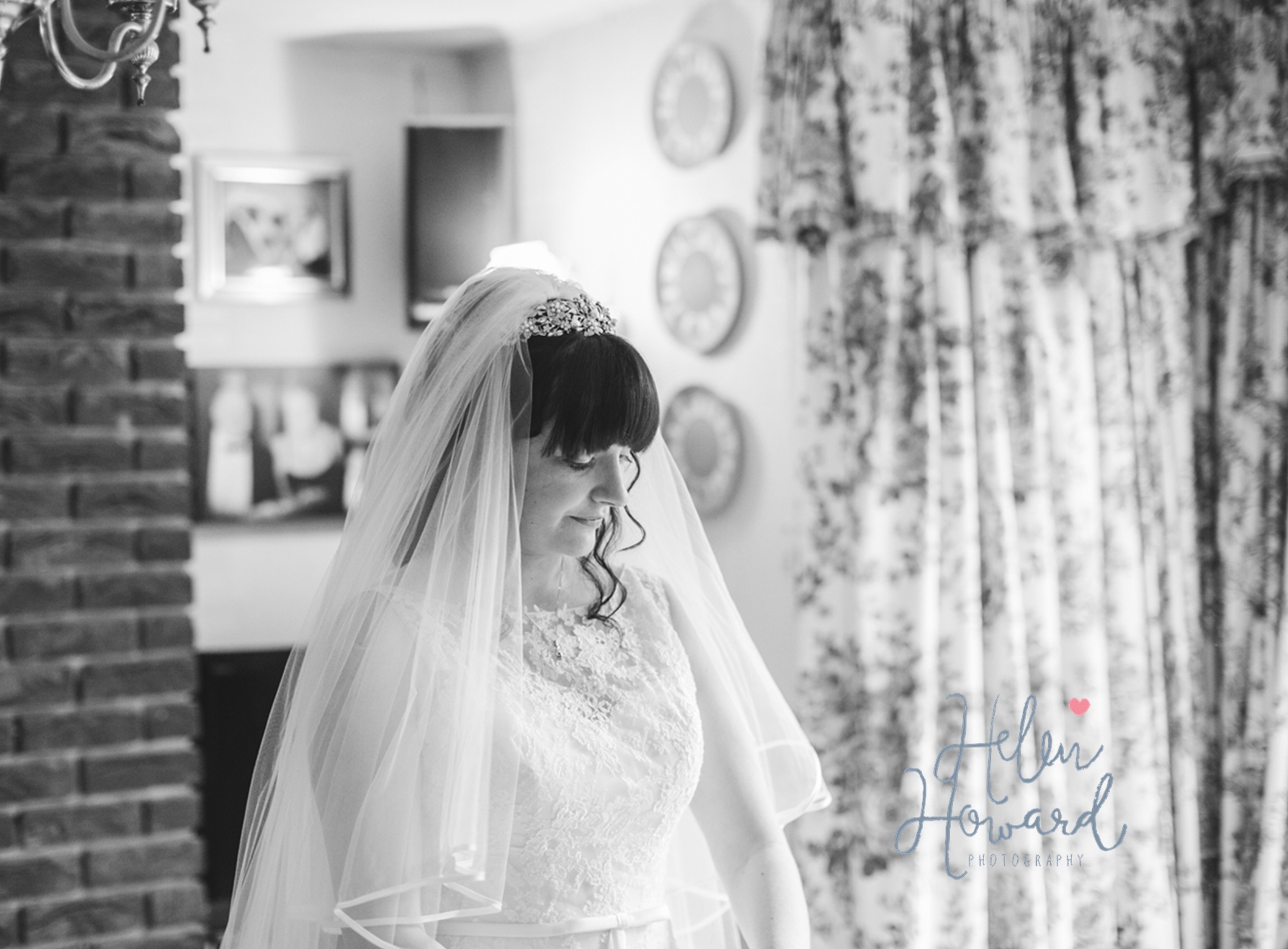 Black and white portrait of a bride on the morning of her wedding in Staffordshire