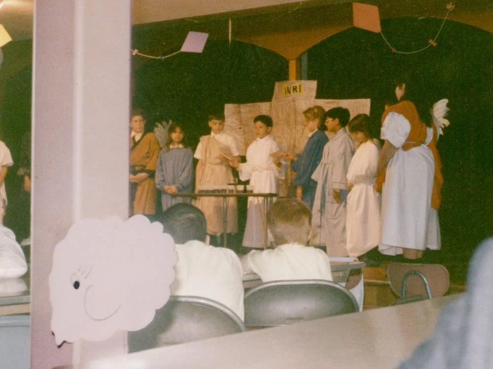 (1986) I attended catholic school starting from age 5 through high school. I was othered from the start, since I was the only one that was not catholic or white—it effected me deeply. This was a play of the stations of the cross in 3rd grade. All the