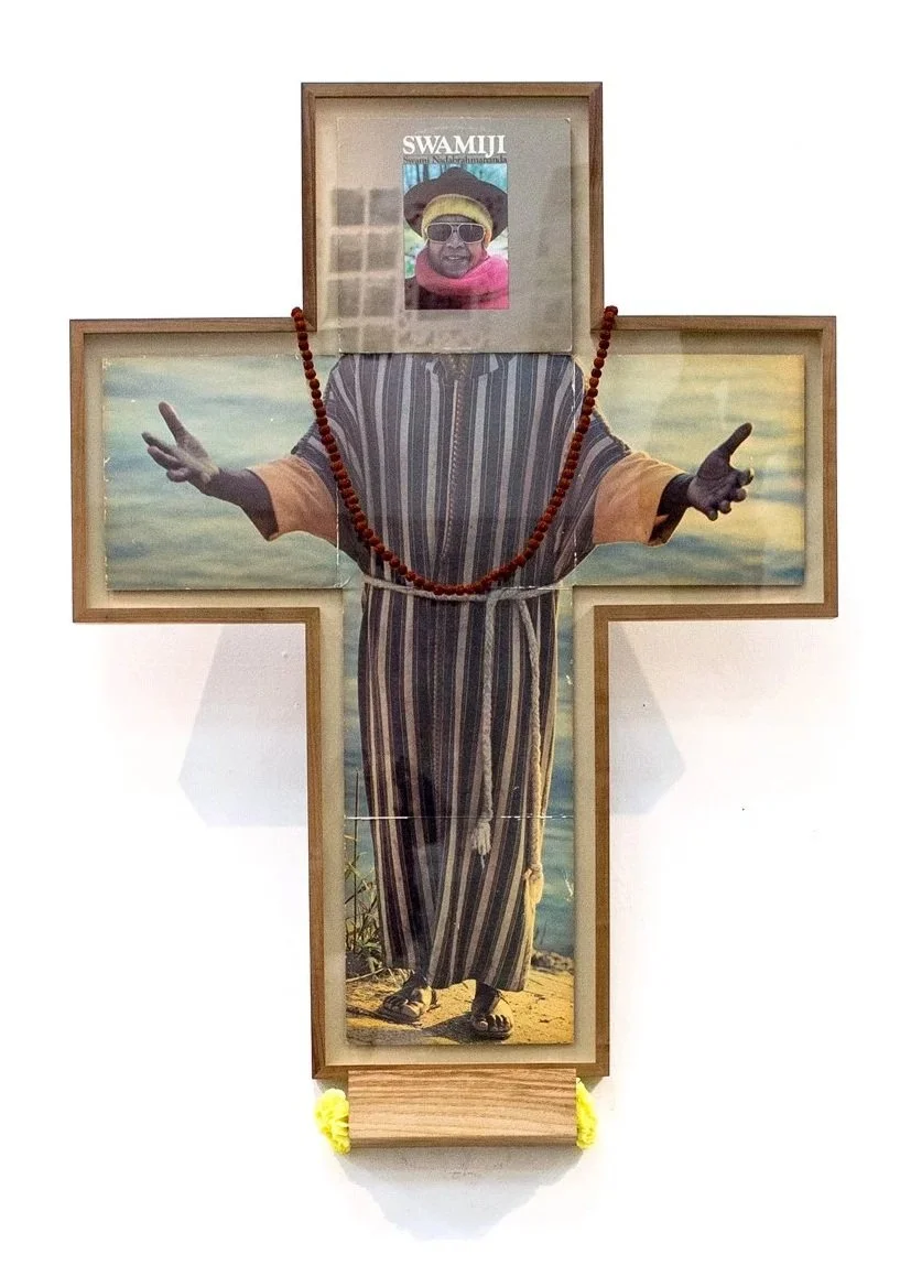  When We Opened Our Eyes,
They Had The Land and We Had The Bible,  2019, Collage (framed); Found Objects, Rudraksha Beads and Flowers, 54 x 42 x 4.5 inches