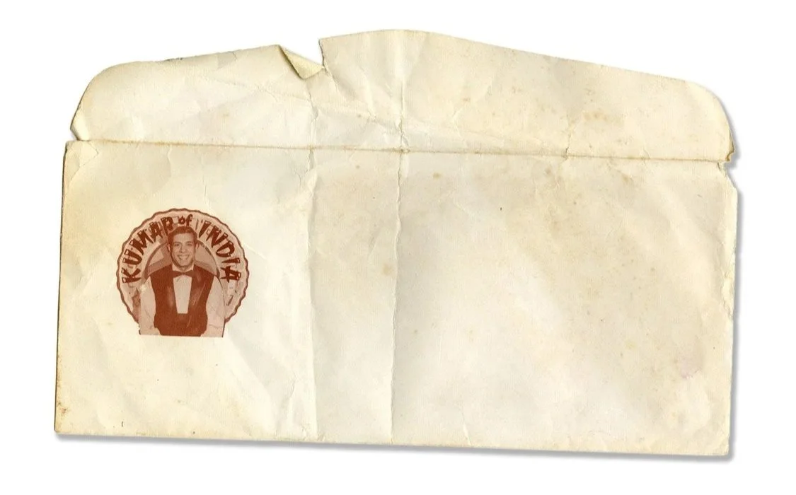 (2017)  Kumar Pallana's   business envelope from the 50's.   Part of the project I presented to SAADA (South Asian American Digital Archive) in 2017 for their "Where We Belong: Artists in the Archive" series. This was supported by the Pew Center for 