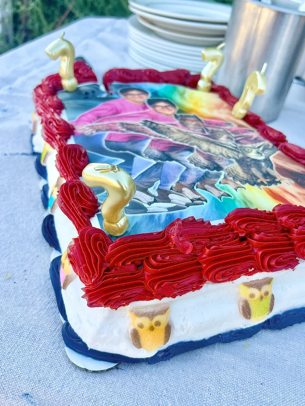 Cake with Strawberry Filling, Sugar Owls, and “?” candles—Quarter Sheet Cake, 9”x13”

“This was the second option for the image printed on the cake, Safeway deemed the first image ‘inappropriate’”
