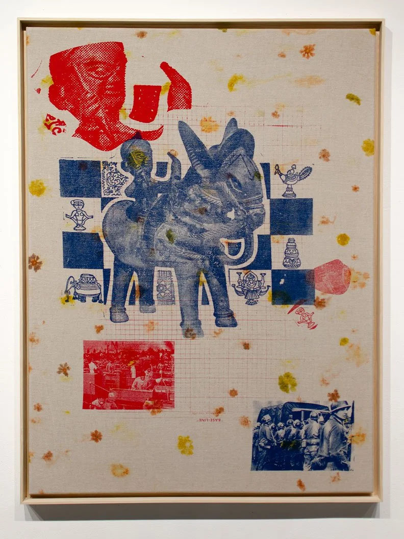 (2022)  National Origins Formula  (Series), No. 8, Screen Prints on Eco-Printed Linen with Coreopsis and Marigolds, 38 x 50 inches (framed)
 Slide 
← 02 of 03 →
