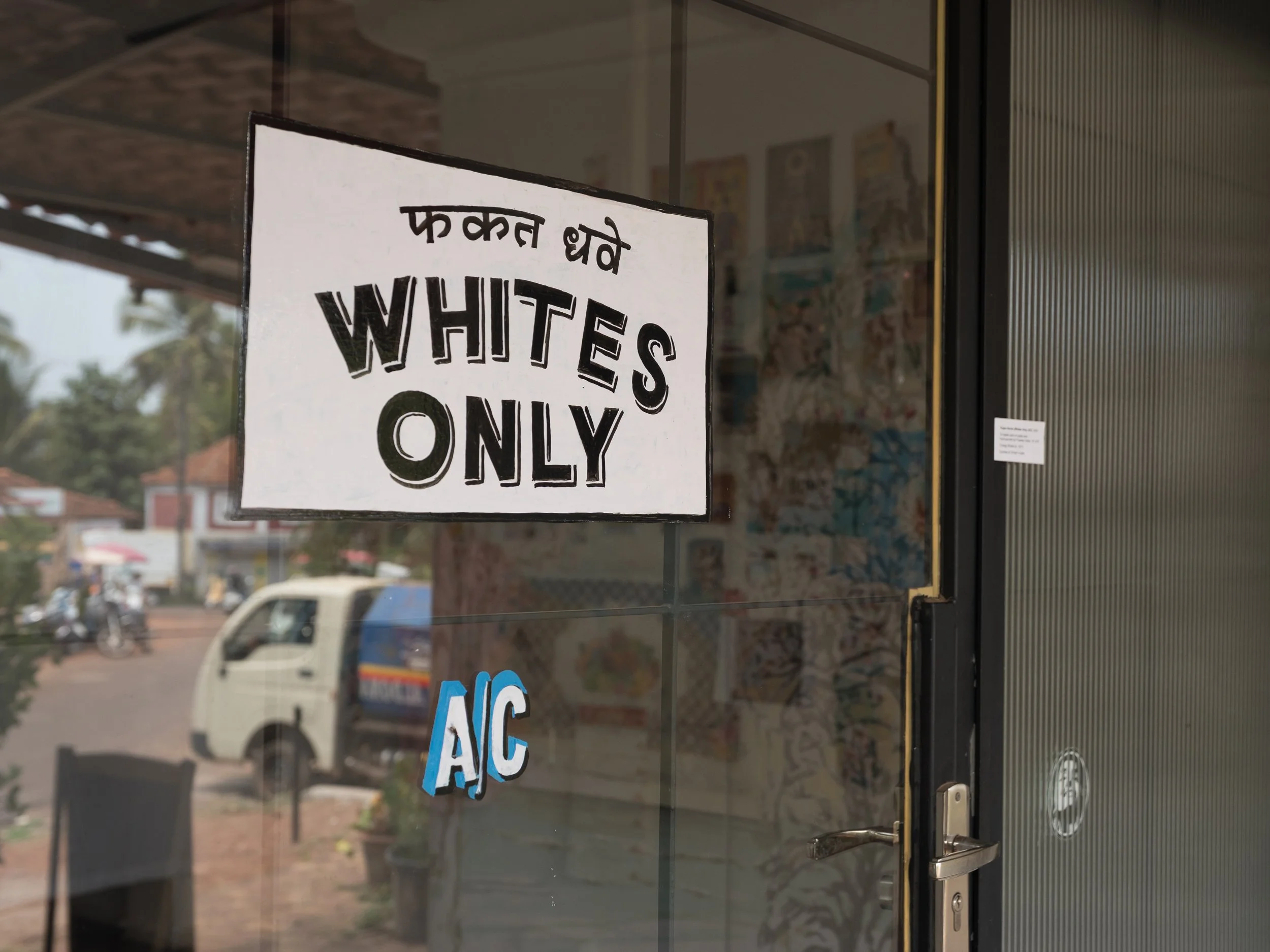  Trojan Horse (Whites Only, A/C),  2025, Oil based paint on glass door; Goa, India, 16" x16"