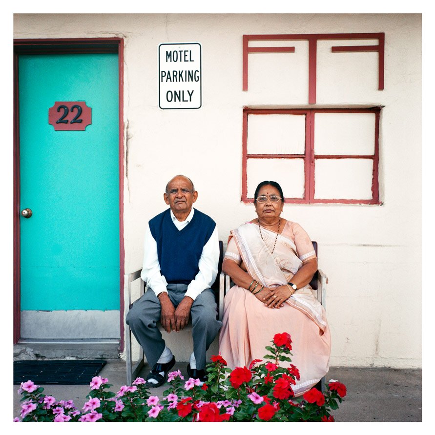  The Arch Motel Project,  My aunt and Uncle in front of their motel in Witchita, Kansas. 2005-present, Medium-Format Photograph, 36 x 36 inches. Worked with photographer Mark Hewko on these three.