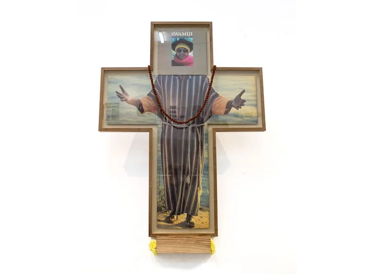  When We Opened Our Eyes,
They Had The Land and We Had The Bible,  2019, Collage (framed); Found Objects, Rudraksha Beads and Flowers, 54 x 42 x 4.5 inches
