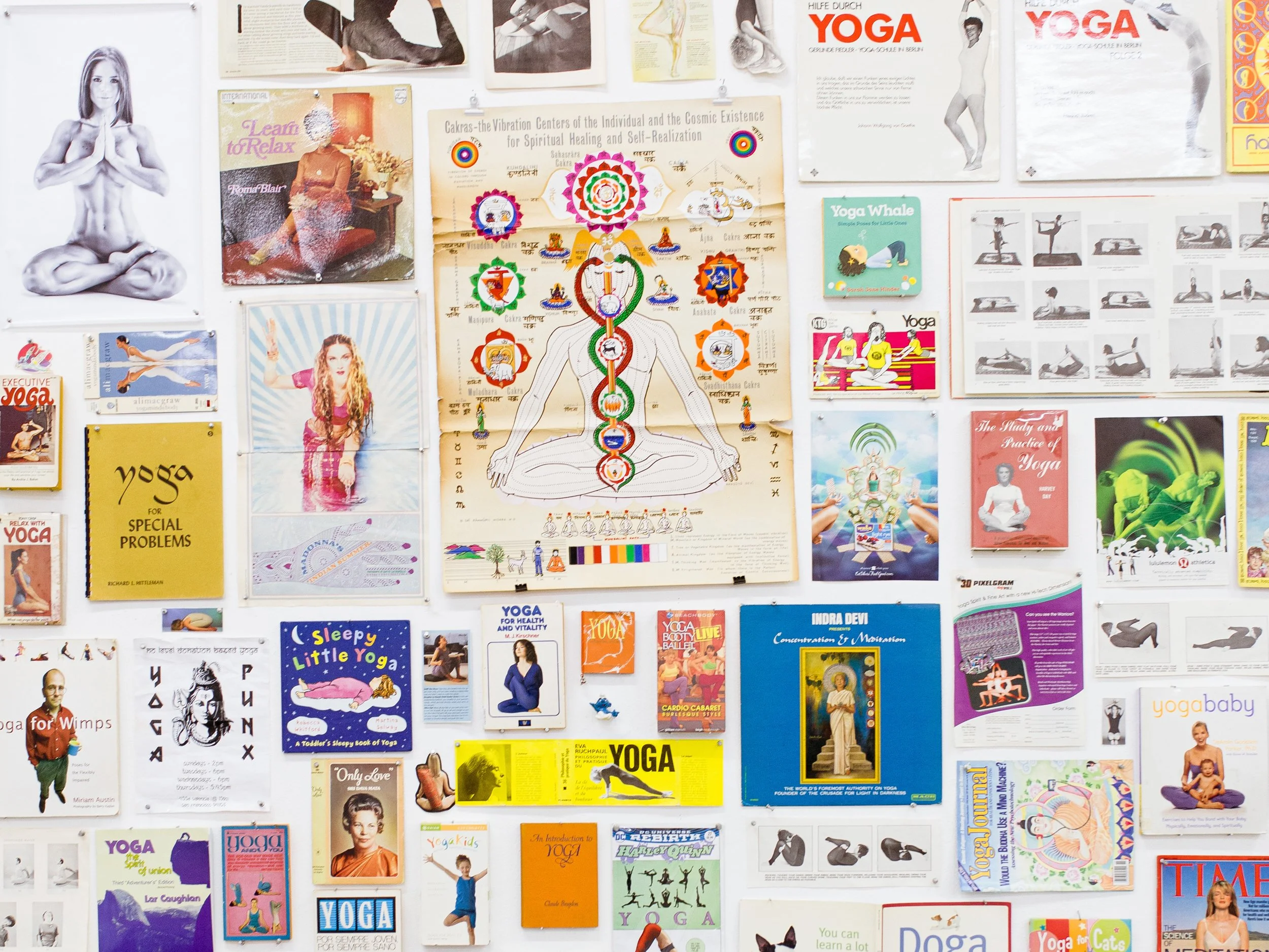  #WhitePeopleDoingYoga  2014-2019, Installation; Found Objects, 33.5 x 15 Feet