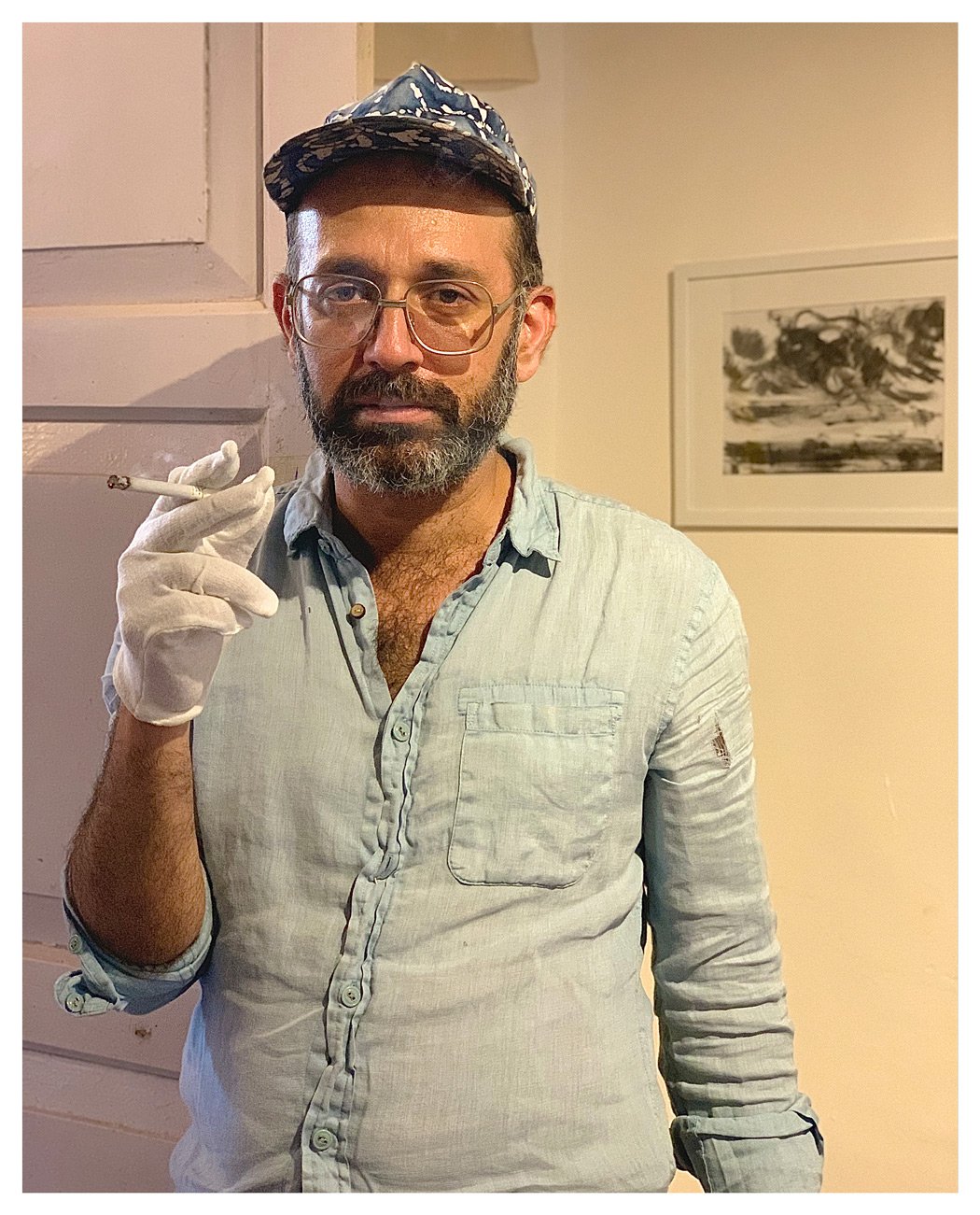 (2019) Nikhil Chopra taking a break from hanging a show at the Serendipity Arts Festival in Goa