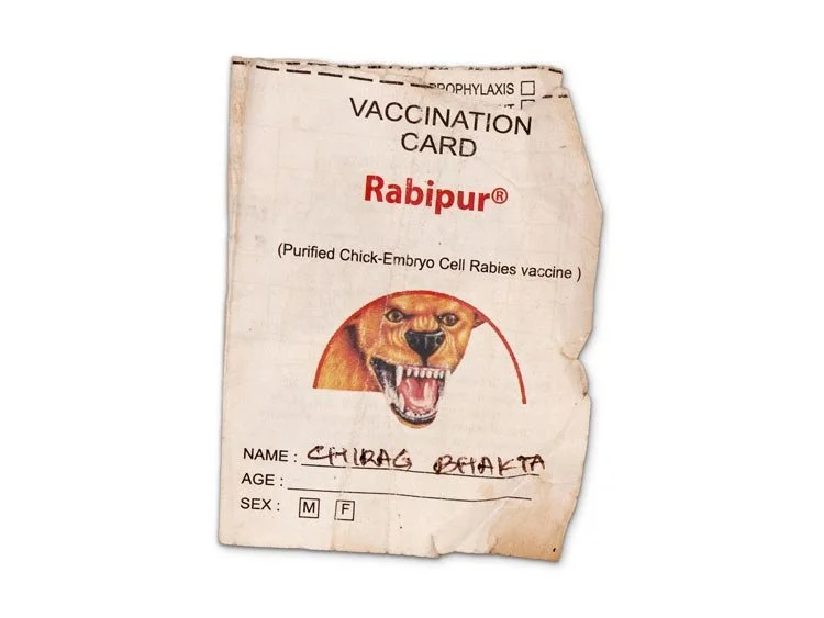 Vaccine card for the rabies shots I had to receive after getting bit by a dog on a trip to India. 