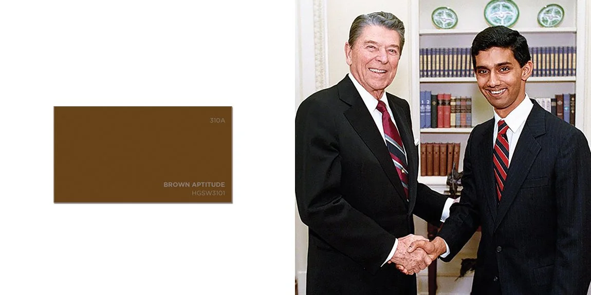  Brown Aptitude  paint swatch juxtaposed with an image of President Reagan with Dinesh D’Souza, a policy adviser in his administration, 1988.  D’Souza is an Indian American political commentator, author, and filmmaker.
 —
 An excerpt from  I Don't Se