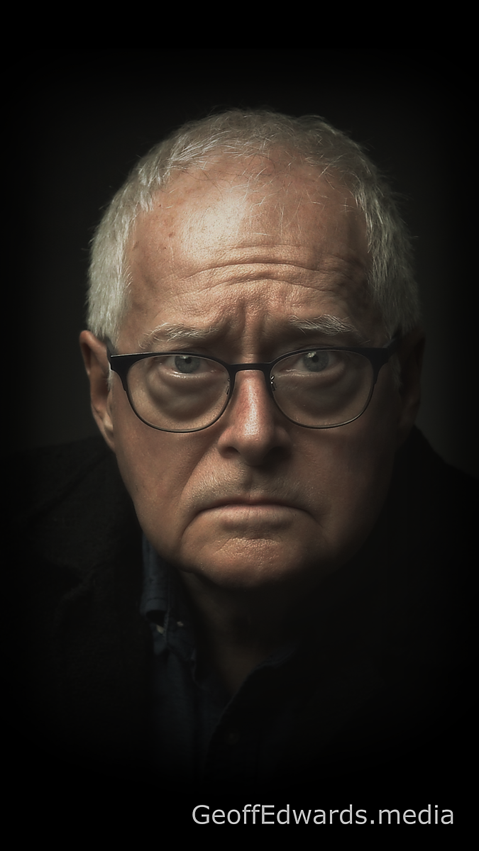 Geoff Edwards looks right at the camera. His expression is serious.