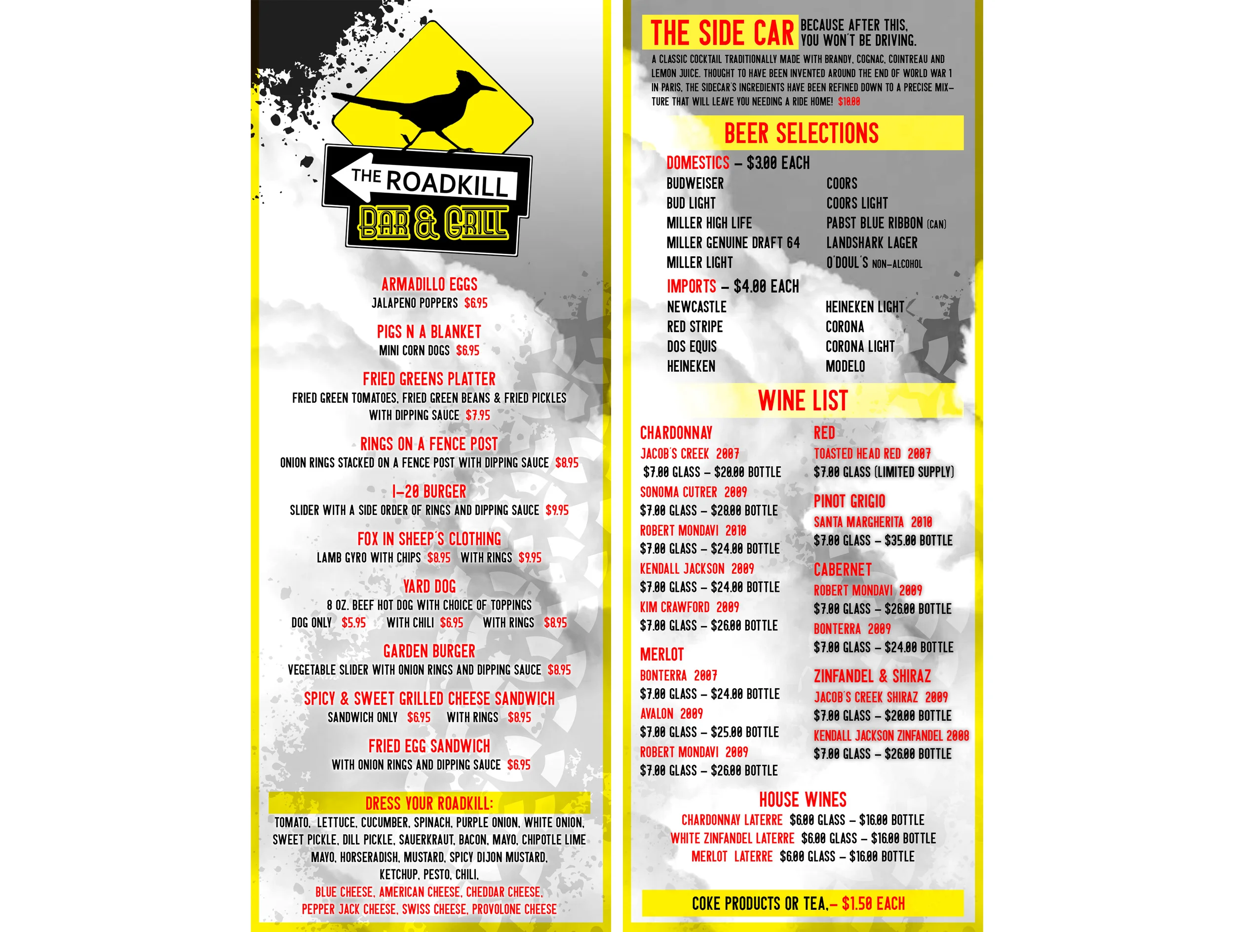 The Roadkill Bar & Grill Menu
