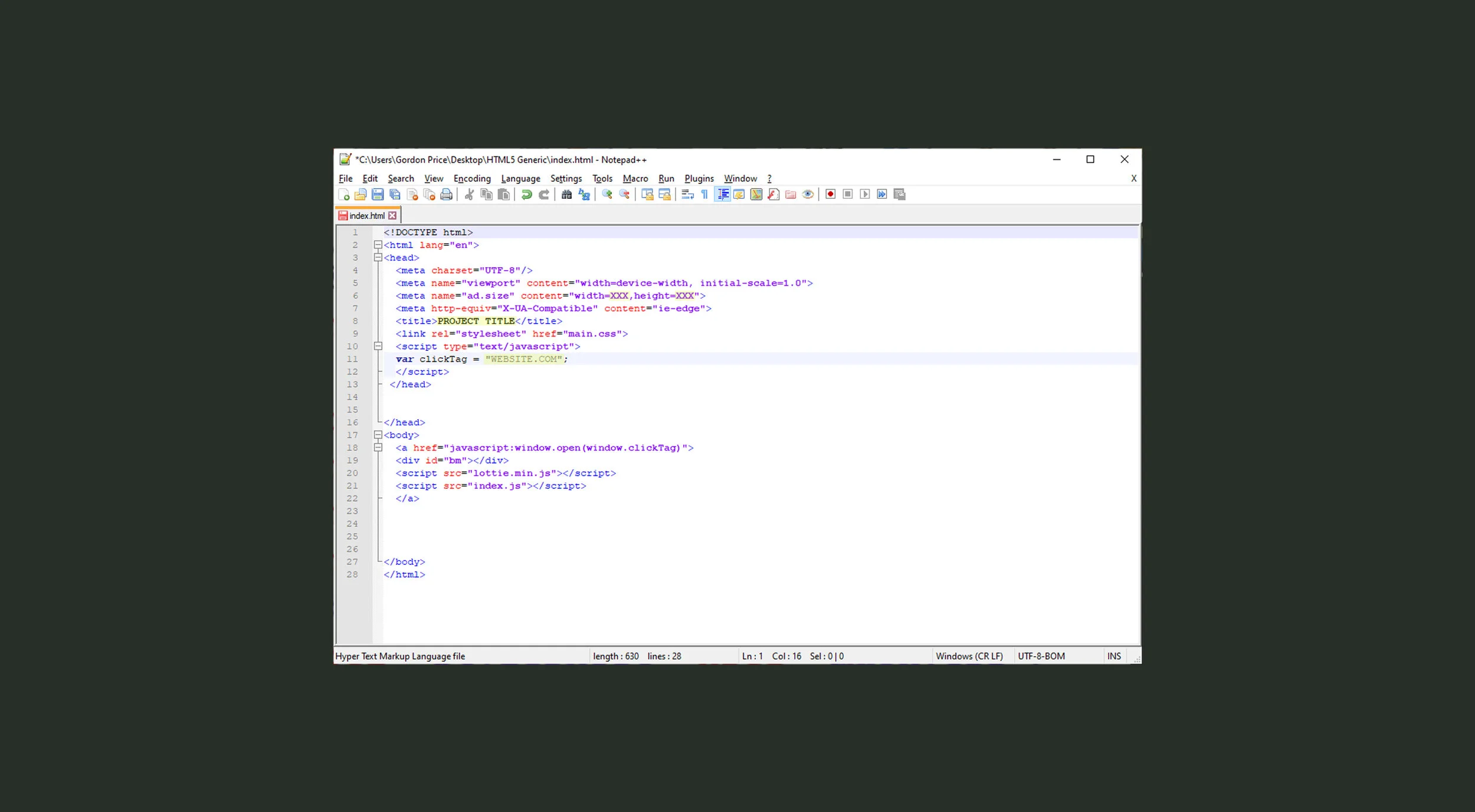 Open index.html using Notepad++. You can just drag and drop it right in.  Change the parts I have highlighted here. For this example, we’re using something that is 300x600. So the new code would look like this: