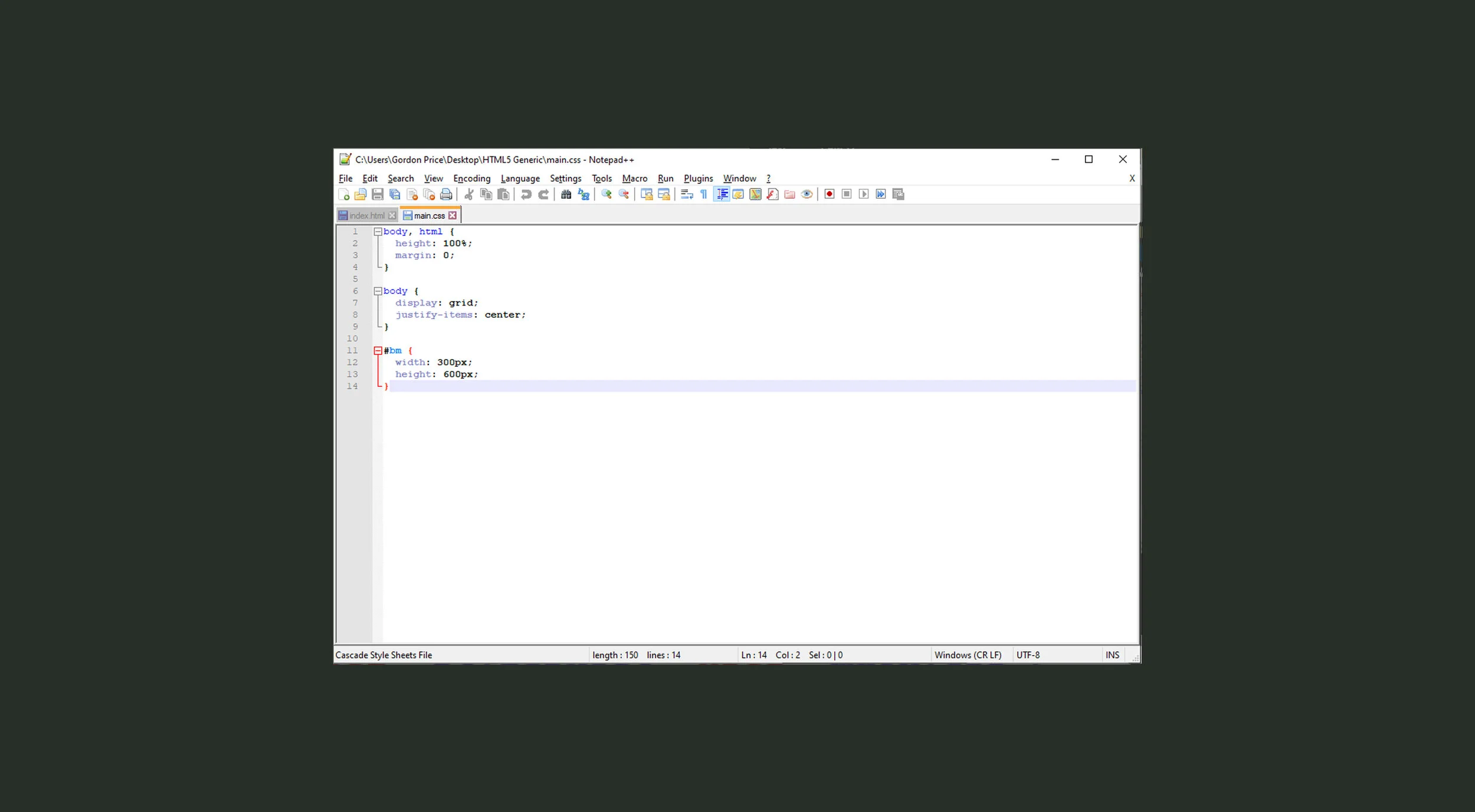 The only other file you need to edit is main.css. Just change the width and height. So for this one, 300 for width and 600 for height.