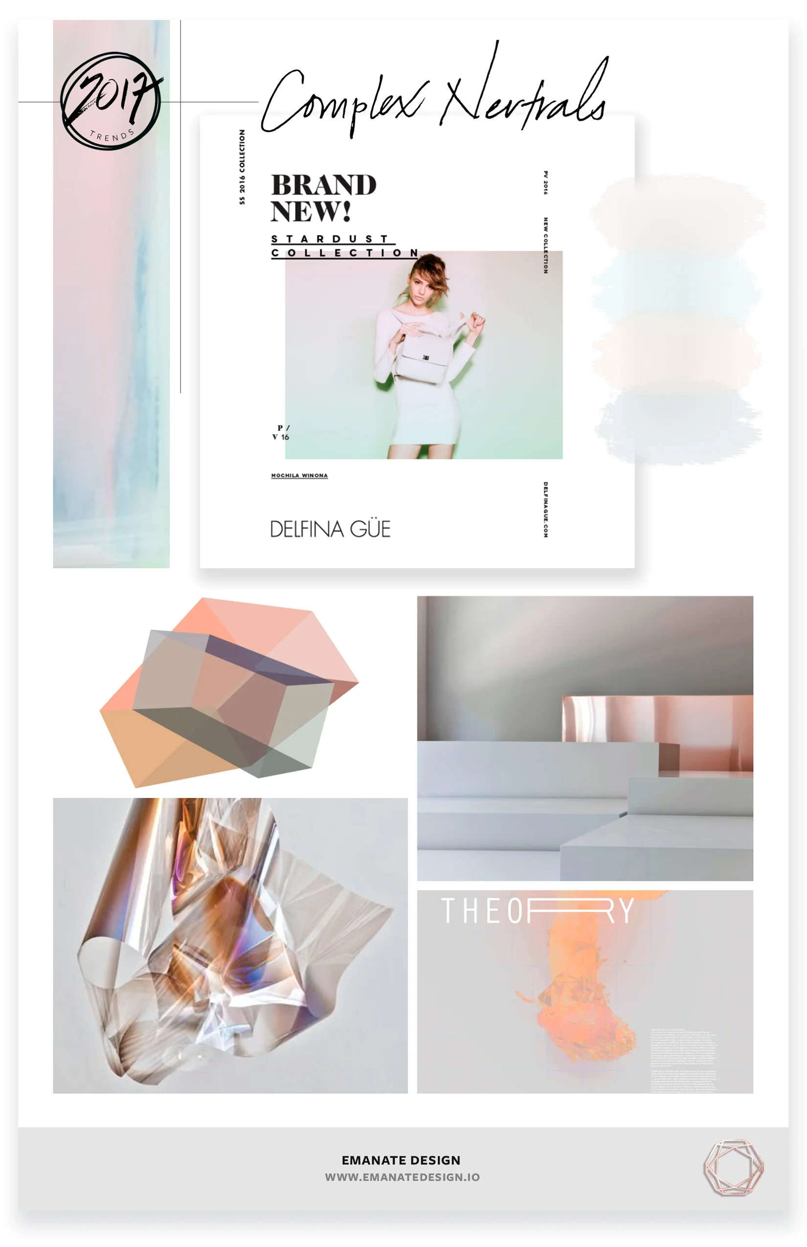 2017 Trends / Complex Neutrals / Emanate Design Clockwise from Left: Holographic - Matt McClune , Editorial , Geometric Room , Theory , Acetate - Larry Bell , Geometric Graphic