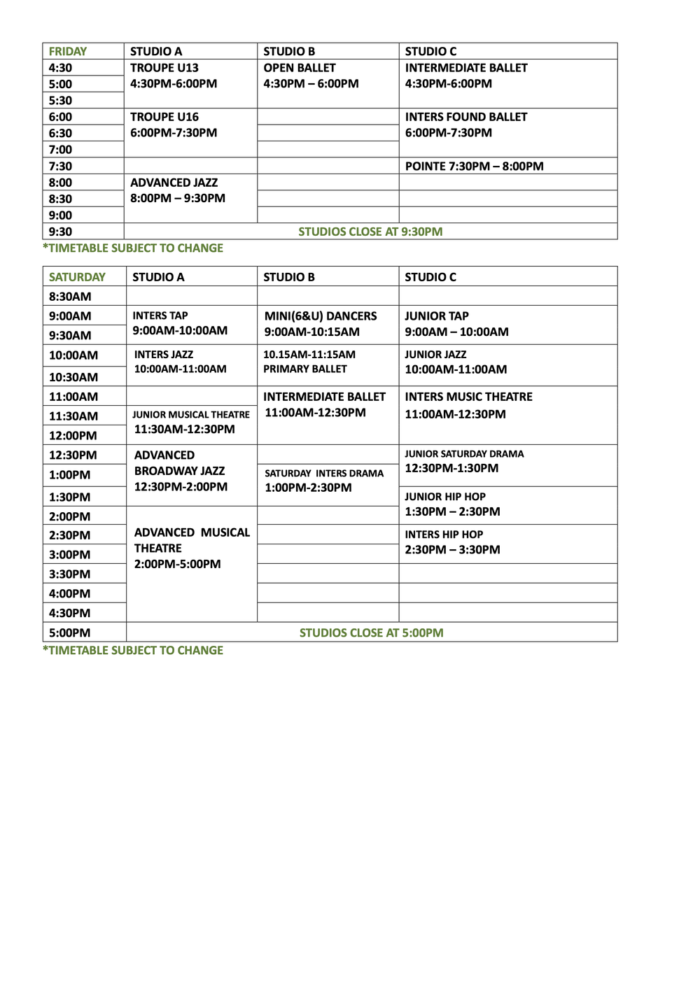 2025 timetable centrestage performing arts school