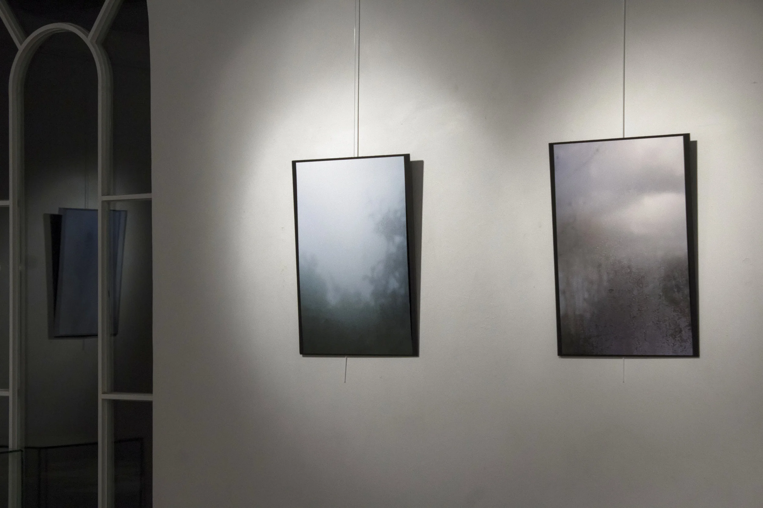Two photos from the "Waterglass" series at "Tout se tient", exhibition in Havelange (Belgium), 2017.