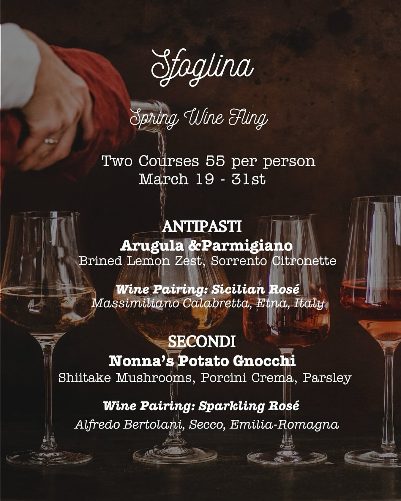 Reposted: @sfoglinapasta Sfoglina is a proud participant in Spring Wine Fling by @ramwdc ! 

2 courses, 2 glasses of wine for $55! 

Come on in and join us! We can&rsquo;t wait to have you!😍 🍝