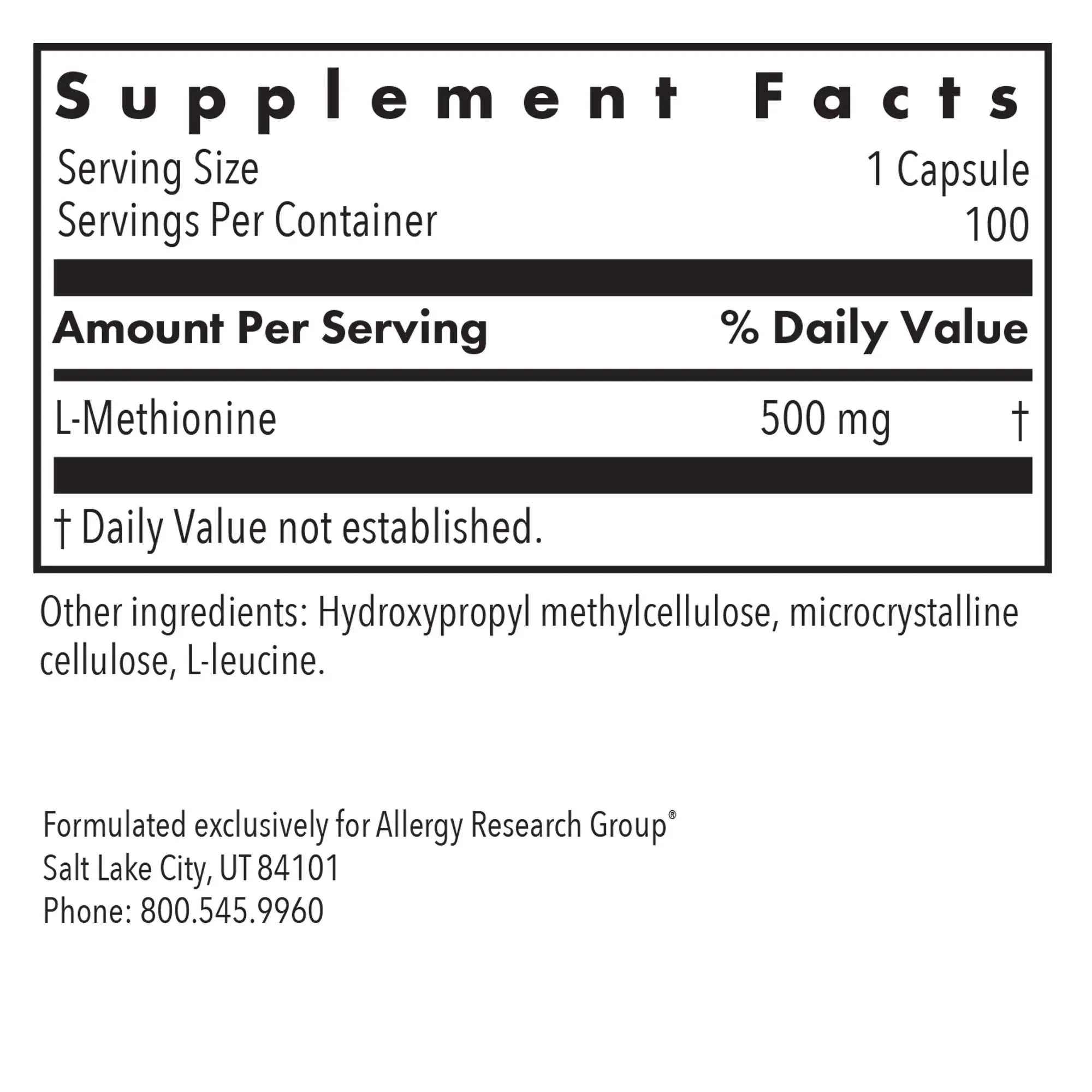 L-Methionine 500mg (100 Capsules) – Allergy Research Group Details.webp