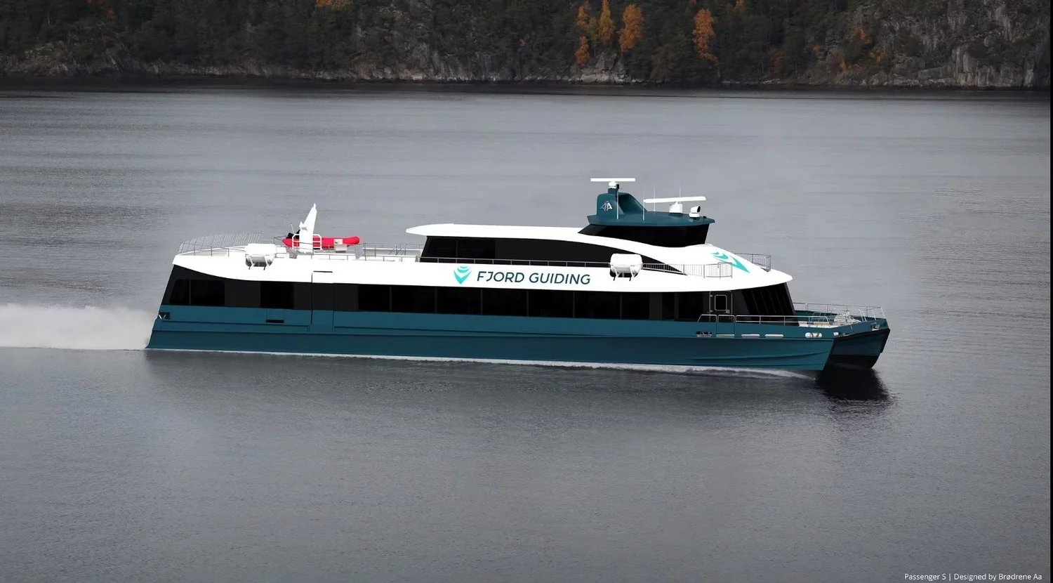 Illustrasjon av nytt hybrid-elektrisk passasjerfartøy planlagt levert i 2027
