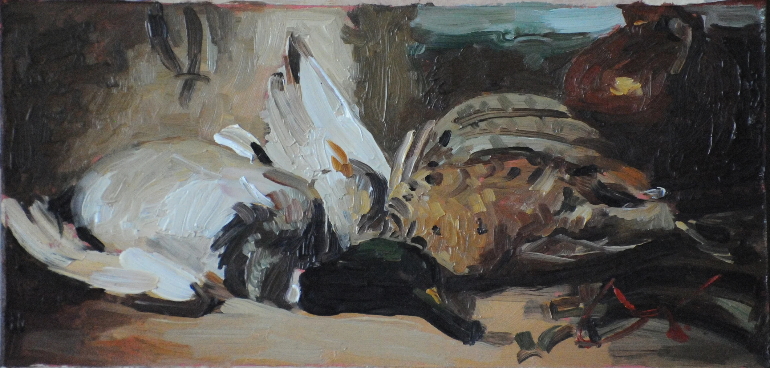 Tatiana Radko study - still life ducks oil on canvas 11x23cm