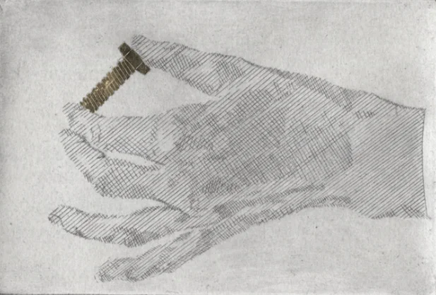 Alexander Massouras The first clue I saw was a golden bolt, (The Goldmine 3) , 2016 etching with gold leaf edition of 60 19x27.5cm presented in association with Julian Page