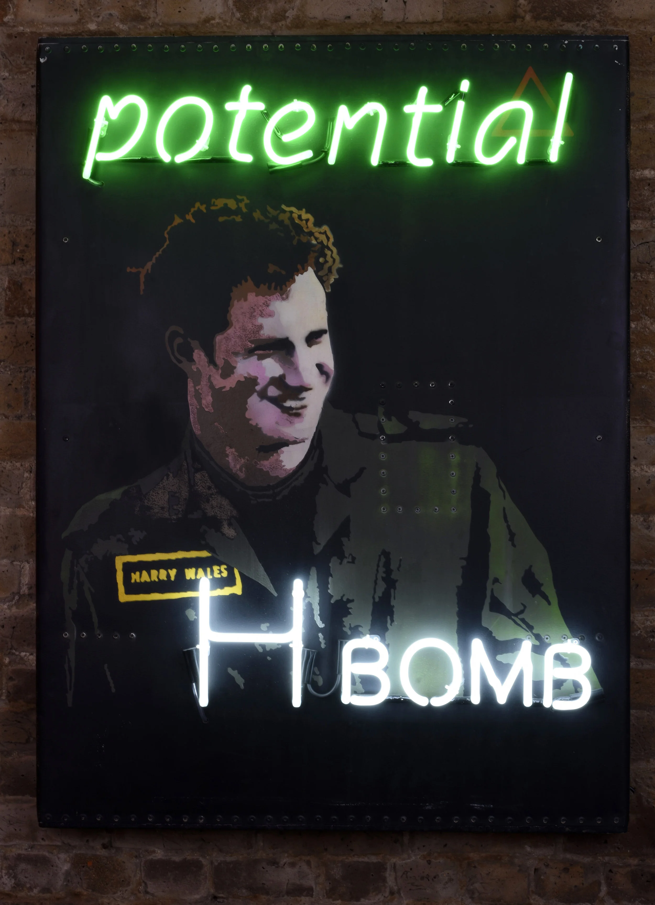 Illuminati Neon Potential Harry Bomb 2016 white & green neon on battered rivet steel 122x91cm