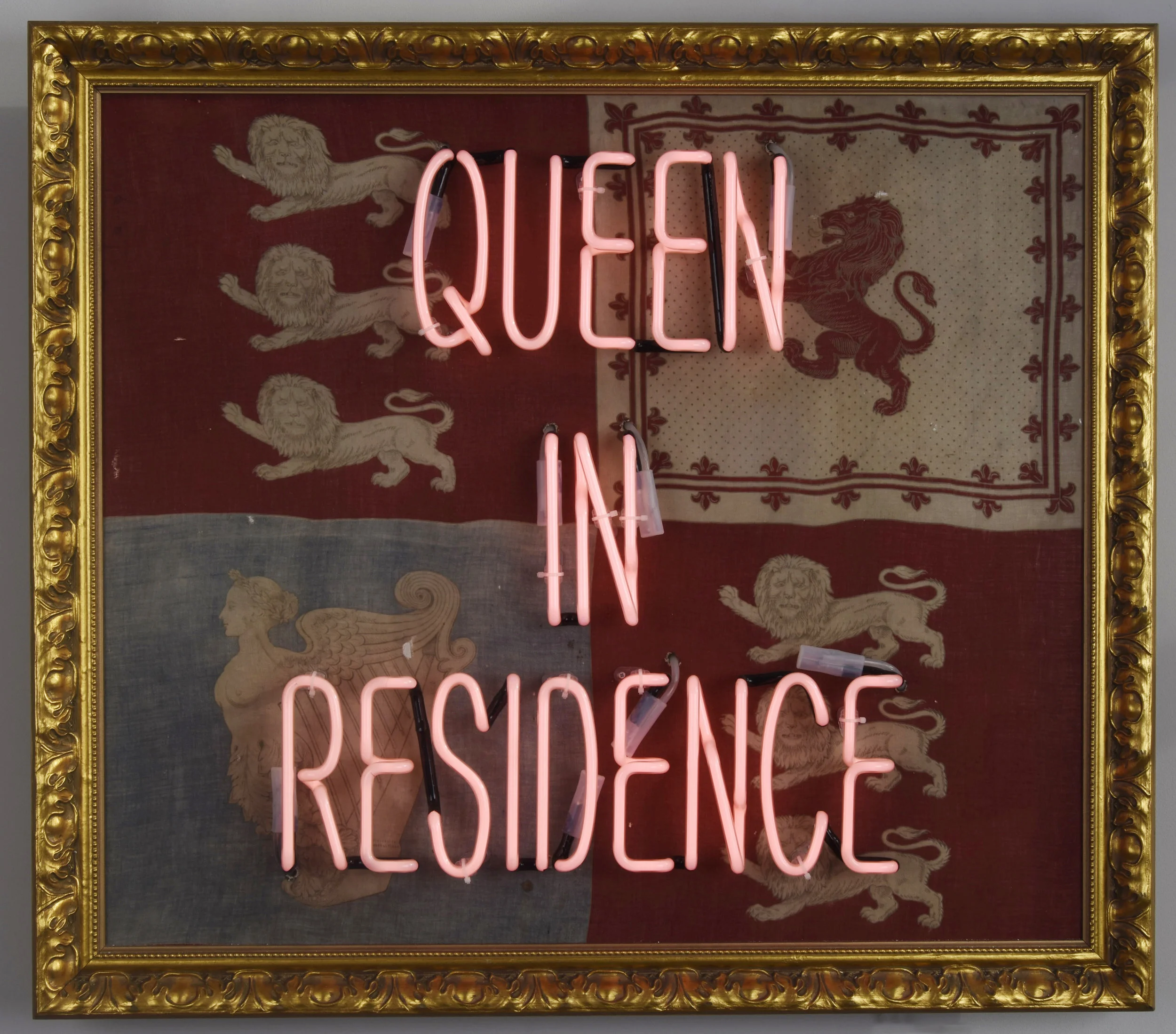 Illuminati Neon Queen In Residence 2016 pink neon on vintage palace flag 79x90cm
