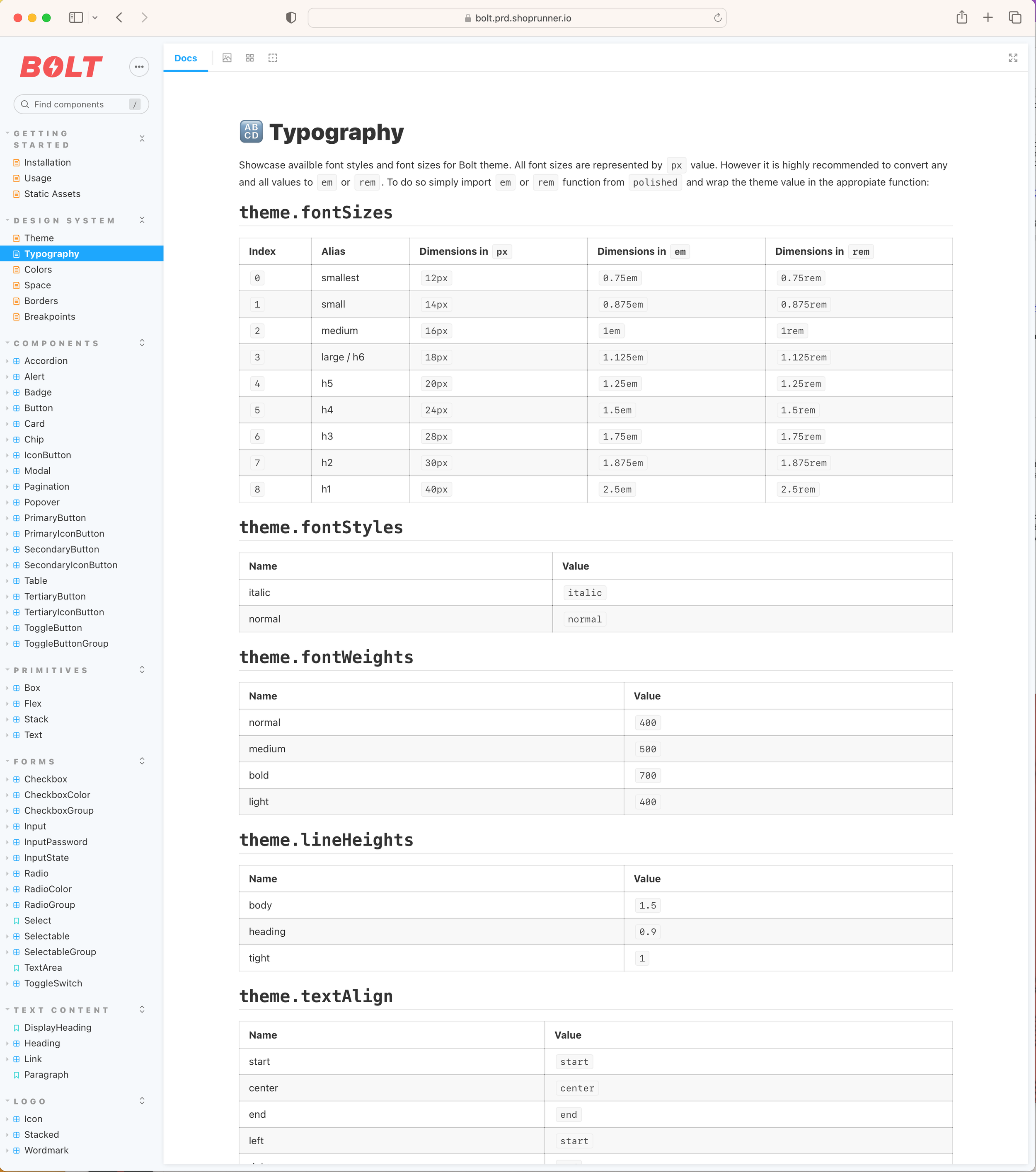 Bolt design system typography documentation in Storybook