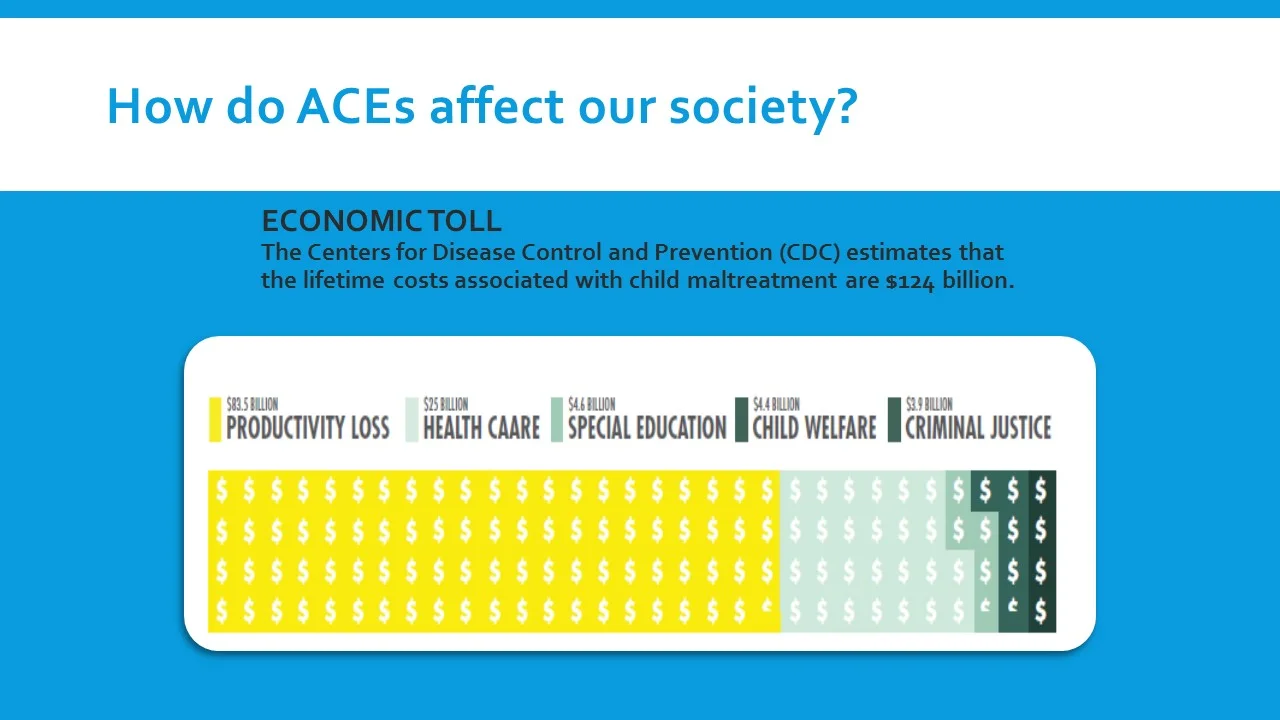 Tend to think about ACE’s and their consequences for Criminal Justice, Child Welfare, Special Ed., and Health Care. By far the biggest economic consequence is the productivity loss as evidenced by the Yellow above.