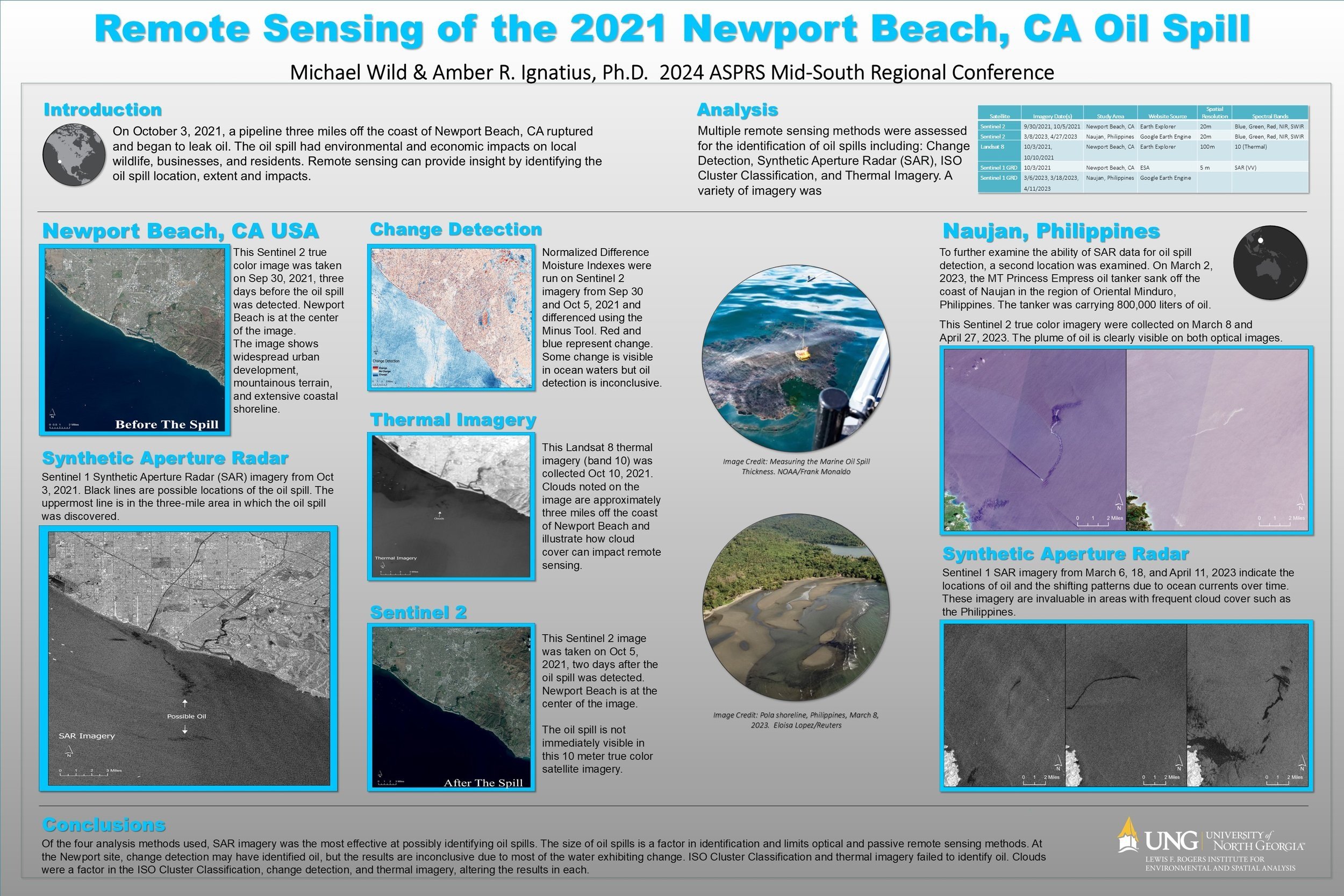 Wild, M., Ignatius, A.R. 2024. Remote Sensing of the 2021 Newport Beach, California Oil Spill. ASPRS Mid-South Conference. Oak Ridge, TN