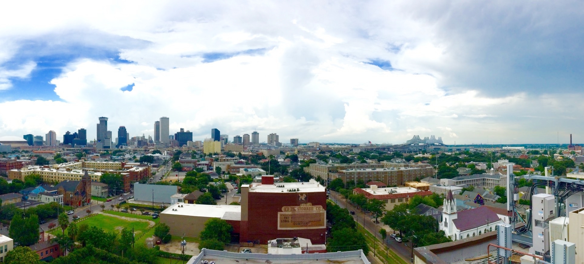 The hotel's rooftop lounge, Hot Tin, offers a panoramic view of downtown New Orleans and the Mississippi River.