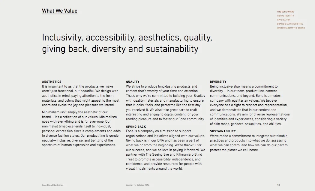 What We Value: Aesthetics, Quality, Giving Back, Diversity, Sustainability