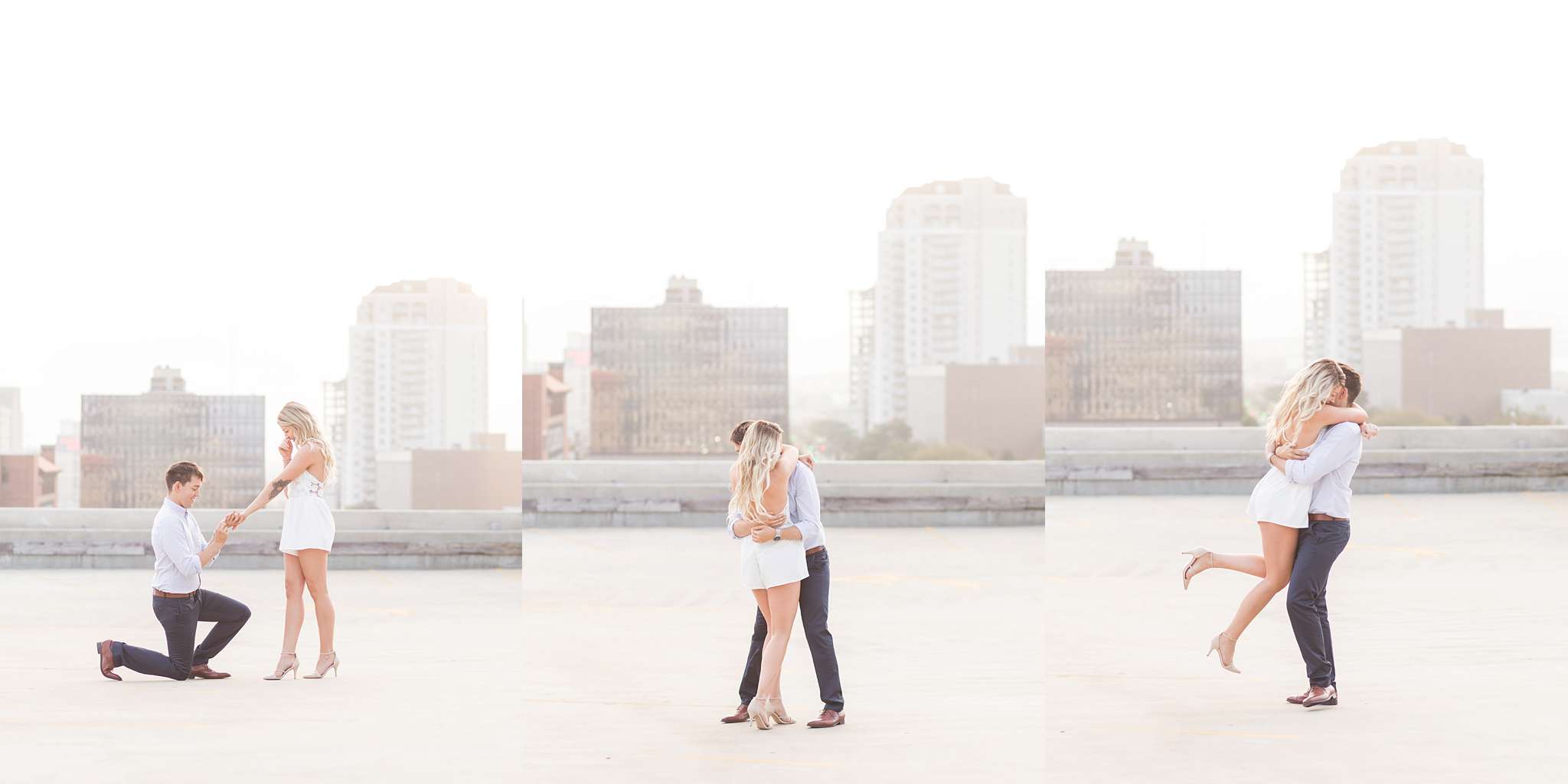 Surprise engagement session in downtown Jacksonville, FL. A surprise proposal taken place on top of buildings, and skyscrapers in Florida urban area.