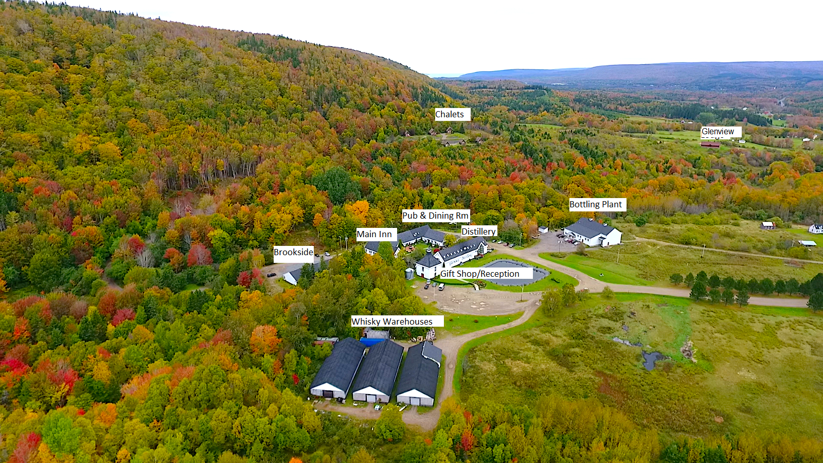 Aerial view of Glenora Inn & Distillery property