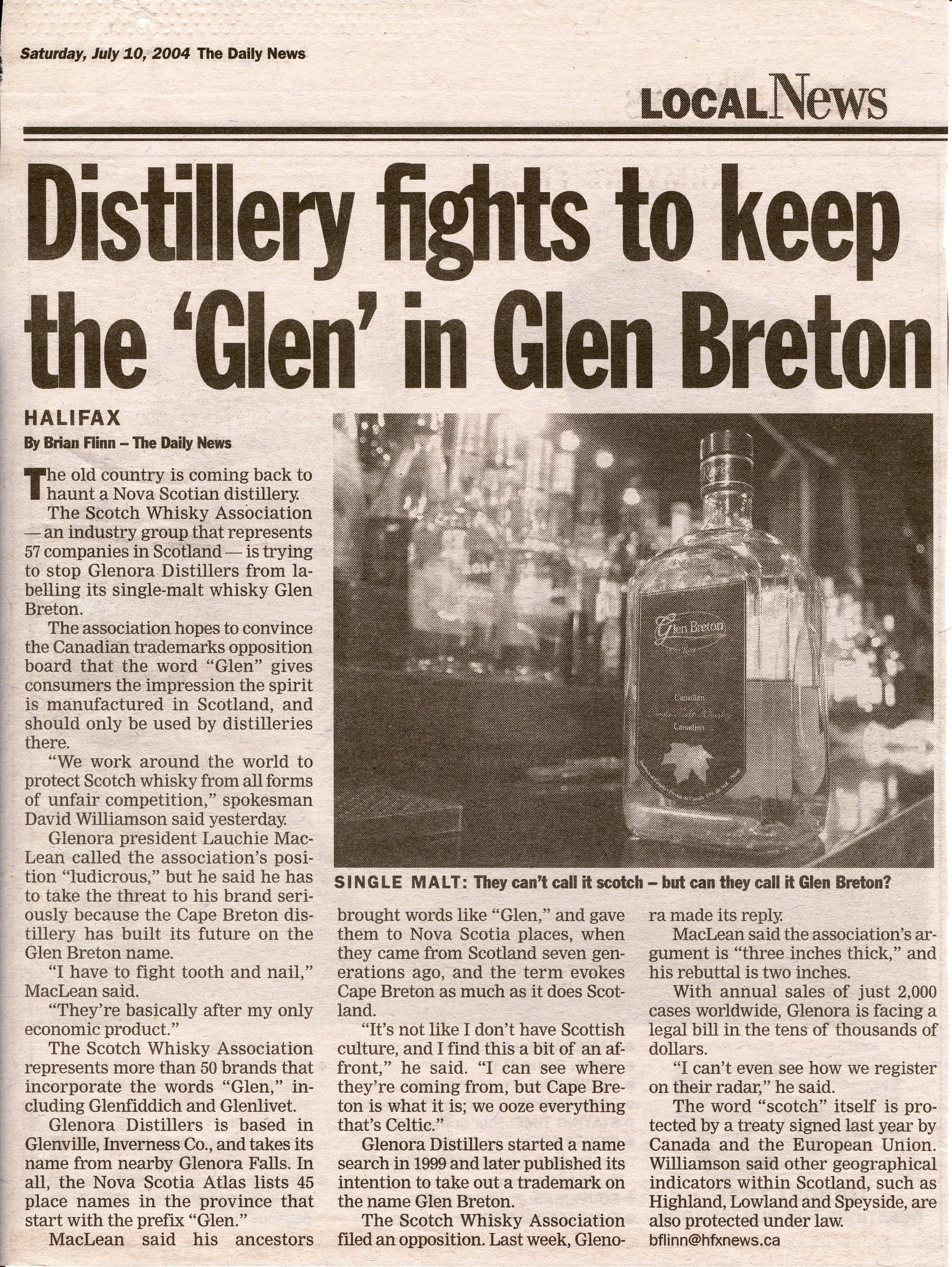 Newspaper clipping about Glenora Distillery and the battle to use the word "Glen"  for its whisky, Glen Breton Rare Canadian Single Malt Whisky