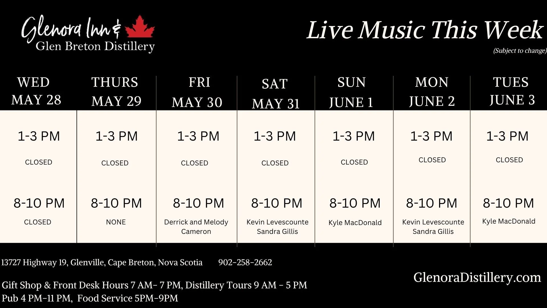 It&rsquo;s almost showtime! Our first Entertainment Schedule of the 2025 season is live. Join us in the Glen!  #capebreton #livemusic #glenoradistillery #glenbreton