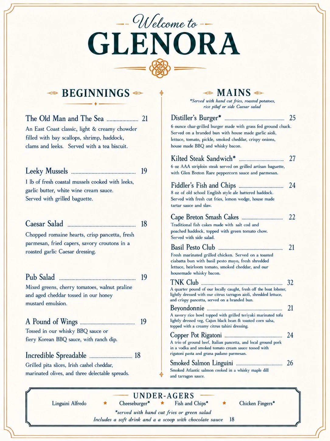 Glenora Inn Spring 2026 sample menu