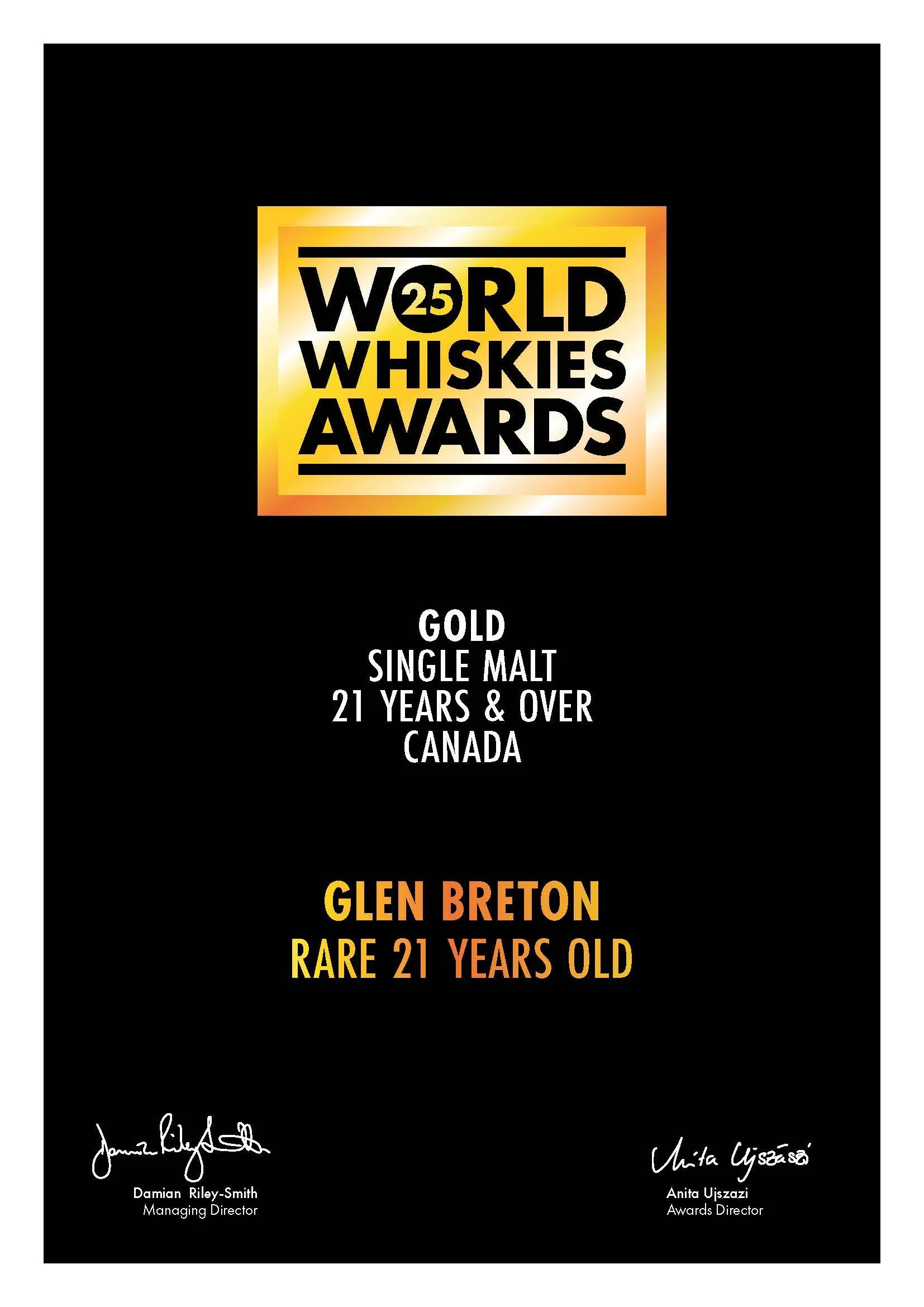 Glen Breton 21 Year Old Gold Medal at 2025 World Whisky Awards