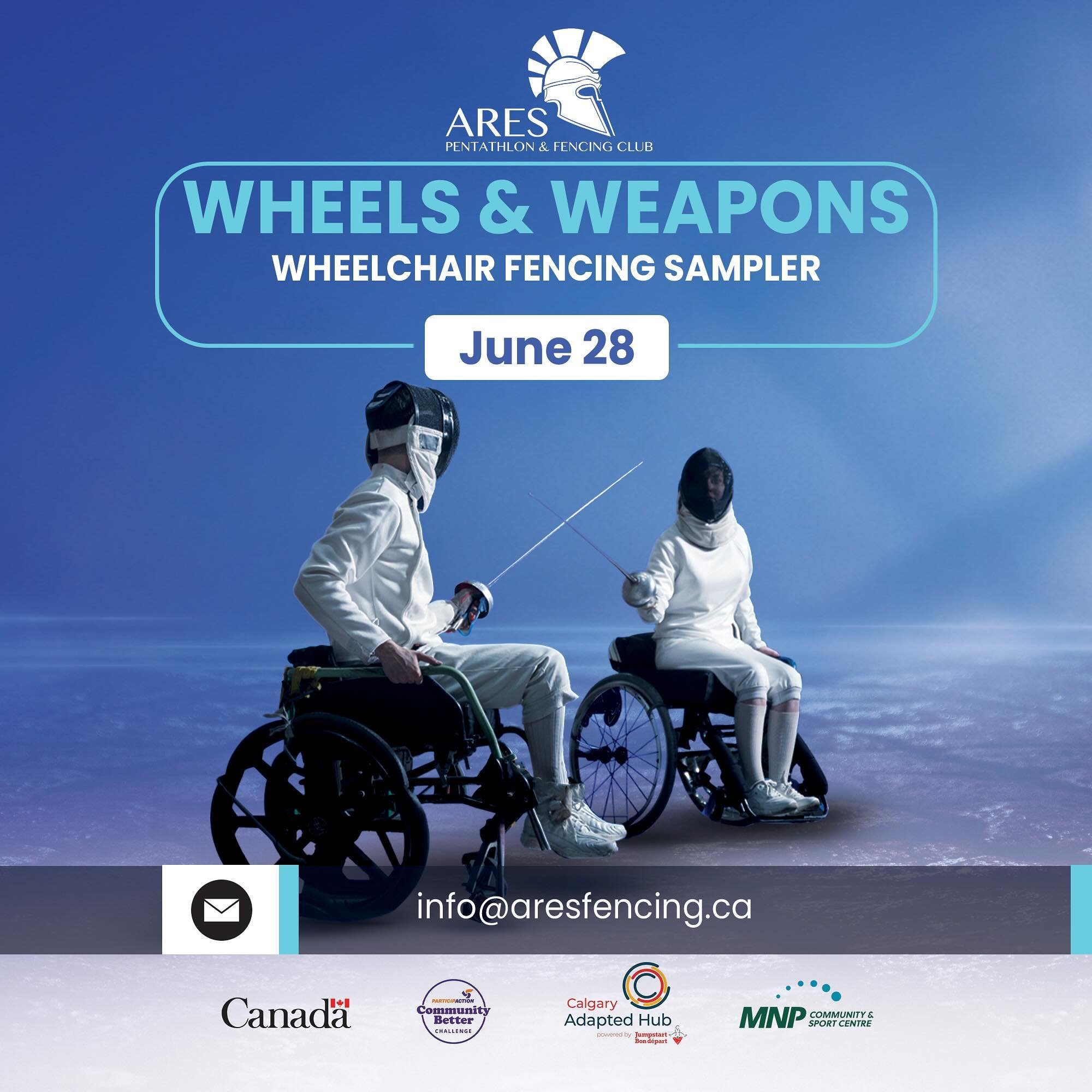 🤺 ♿️ 
Join Ares for a Wheelchair Sampler at @mnpsportcentre ! 🛞 ⚔️ Wheels &amp; Weapons!

📧 To take part, email info@aresfencing.ca. 

@albertafencing @pentathlon_alberta @yycadaptedhub @sportcalgary @wheelchairsportsab @wheelchairfencing @pentath